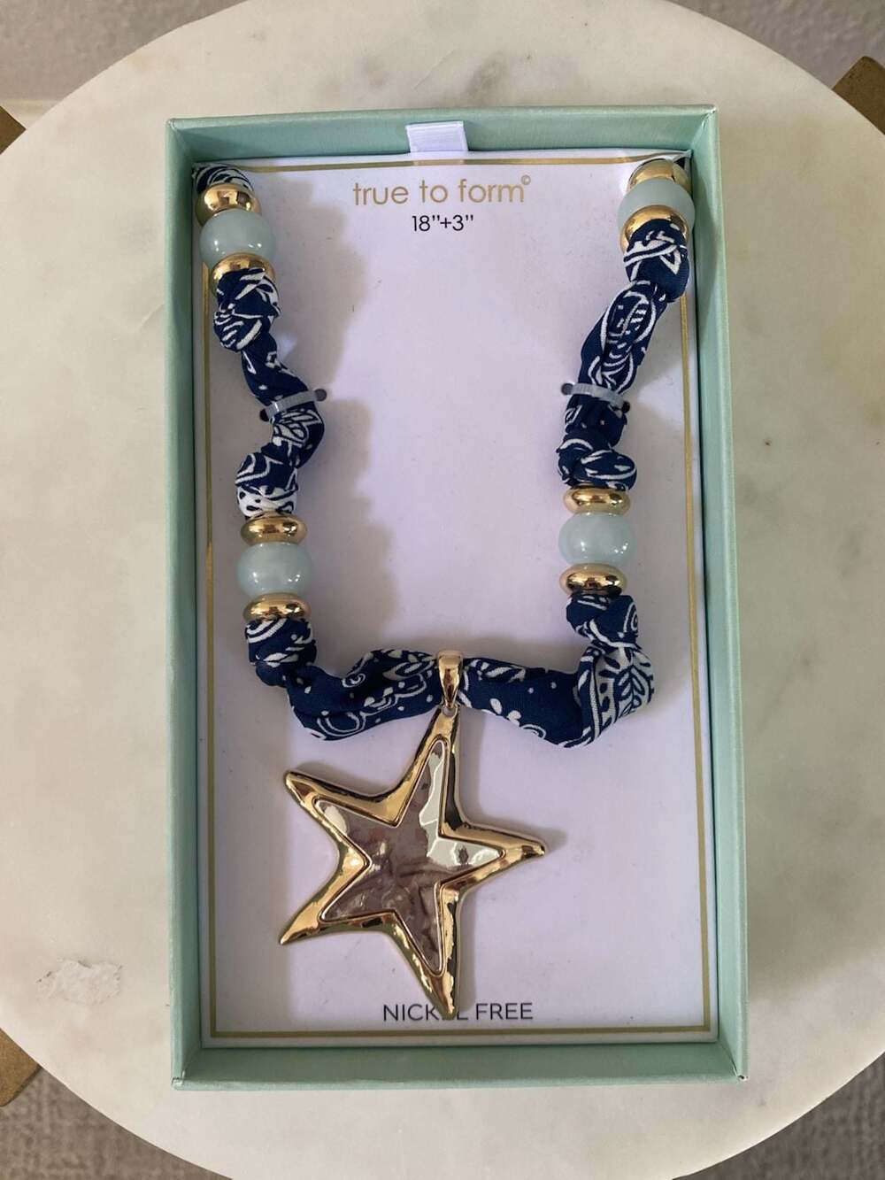 True to Form Starfish Bandana Scarf Necklace 18"+3" Blue Gold
